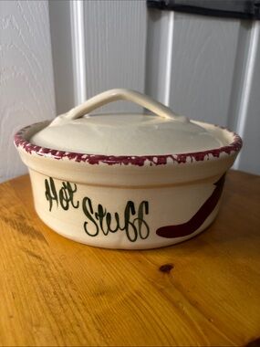Ceramic 'Hot Stuff' Covered Baker in Cream and Red